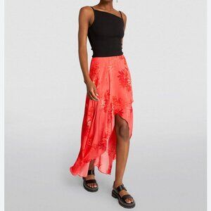 NWT All Saints Slvina Nila High-Low Maxi Skirt Orange Bird Floral UK 12 US 8 MED